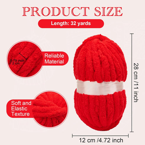 Red Chenille Chunky Yarn for Hand Knitting Fluffy Jumbo Chenille Yarn DIY for Crocheting Blanket Cushion 1 Skein (8.5 oz, 32 yds Each Skein)......
