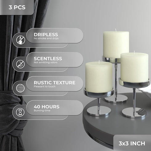 CANDWAX 3x3 Pillar Candles Set of 3 - Rustic Unscented No Drip Ivory Candles for Home Decor, Weddings, Centerpieces...