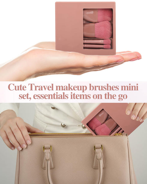Travel Size Makeup Brushes Mini Set with Hard Case and Built-in Mirror, 5Pcs Small Cosmetic Brushes, On the Go Brush Travel Essentials kits for Wo...