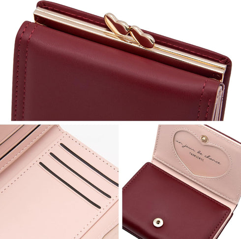 Wallet for Women Cute Wallet Card Holder for Girls Small Trifold RFID Blocking Wallet Zipper Leather Short Purse (Red)...