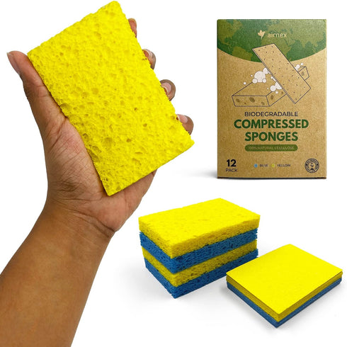 Biodegradable Cellulose Compressed Sponges - Pack of 12 Kitchen Sponges for Cleaning - Heavy Duty and Natural Multipurpose Household Cleaning Spon...