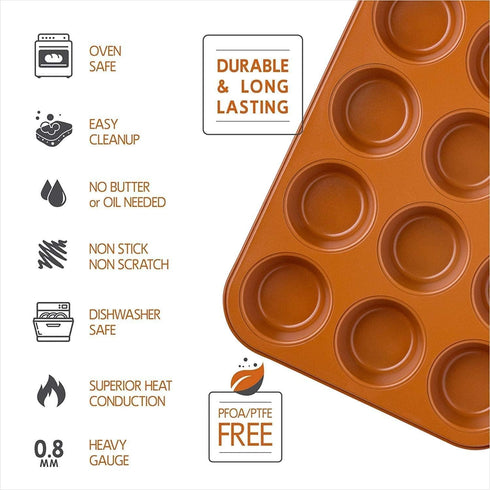 Copper Professional Healthy 12 Cup Cake and Muffins Baking Pan Sheet, Oven and Dishwasher Safe L...