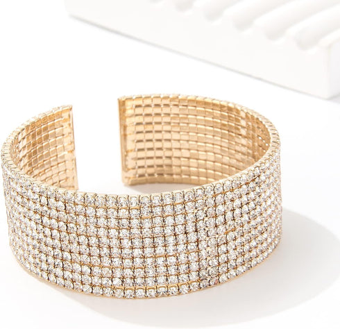 Sparkly Silver/Gold Simple Multi-layer Rhinestone Cluster Wide Cuff Bangle Wedding Jewelry for Women Bridal Statement Bracelet...
