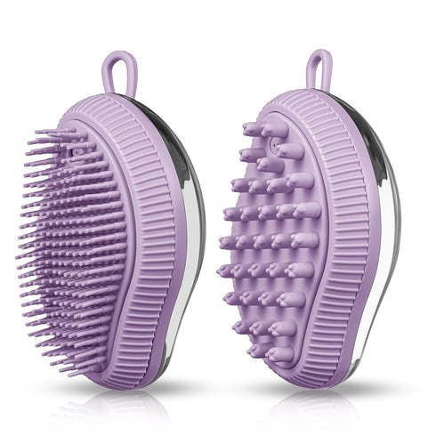 Pet Grooming Bath Massage Brush with Soap and Shampoo Dispenser Soft Silicone Bristle for Long Short Haired Dogs Cats (PURPLE)...