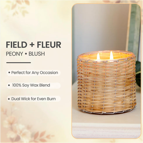FIELD FLEUR Peony Blush Scented Candle – Luxury 12oz Soy Wax, 2-Wick Handwoven Glass Jar, Sandalwood,Pink Peppercorn with Rose Blooms & Jasmine– S...