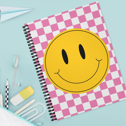 Retro Happy Face Spiral Notebook / 8.5" x 11" Journal / 120 Wide Ruled Pages/Durable Gloss Laminated Softcover/Black Wire-o Spiral Binding/Made in...