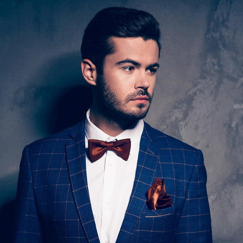 2 Pcs Solid Cinnamon Color Bow Tie and Pocket Square Man's Satin Bow Tie with Suit Handkerchief Pre Tied Style Pocket Square for Wedding Party Dre...