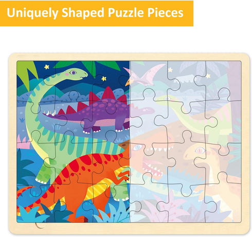 24 Piece Puzzles for Kids Ages 3-5, Unique Pieces Dinosaur Puzzle for Kids Ages 2-4, Wooden Jigsaw Puzzle for 2 3 4 5 Year Old Toddlers with Puzzl...