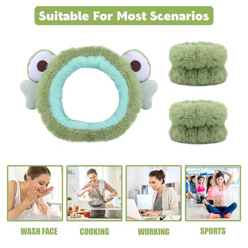 3-Piece Frog Spa Headband and Wristband Set - Green Frog Eye Elastic Headband,Cute Makeup Hair Band with Wristband for Women Girls Face Washing Sk...