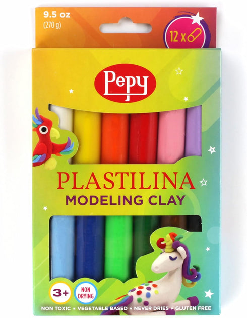 Pepy Plastilina Reusable and Non-Drying Modeling Clay; Box of 12-Color Sticks, 0.8 Ounce Each, Perfect for Arts and Crafts Projects...