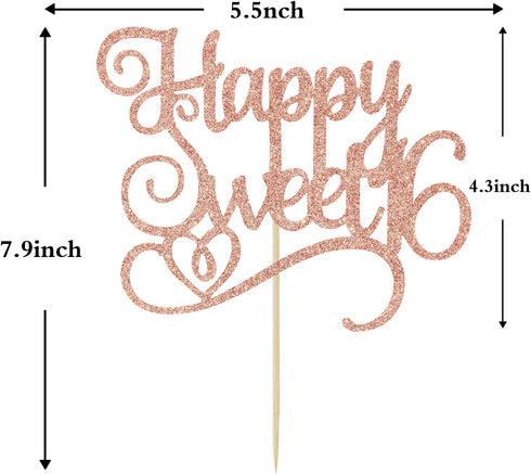 Happy Sweet 16 Cake Topper, 16th Birthday Cake Decor, Sweet 16, Teens Happy 16th Birthday Decorations Rose Gold Glitter...