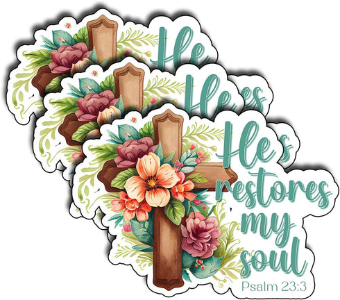 (3Pcs) Jesus He Restores My Soul Sticker Christian God Cristianos Cross Bible Decorate Waterproof Vinyl Water Bottle Tumbler Books Phone Laptops S...