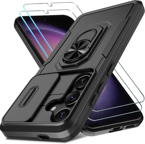 Janmitta Compatible with Galaxy S24+ Plus Case Built in Slide Camera Lens Cover+Screen Protector+Finger Ring Holder Kickstand,Heavy Duty Shockproo...