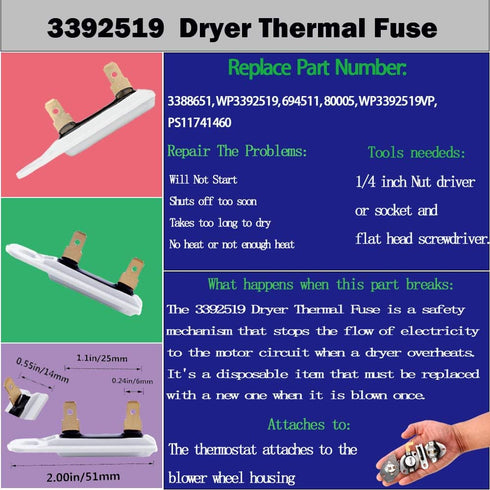 3387134 Dryer Thermostat 3977393 & 3392519 Thermal Fuse 3977767 high-Limit Thermostat Compatible Whirlpool Kenmore Roper maytag Estate Inglis Crosley Amana kitchenaid, Figure 6 is Compatible Model.