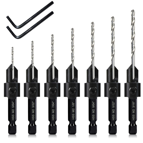 7 Pack Countersink Drill Bits Set, Wood Drill Countersink Counterbore 3in1, Three 82-Degree Chamfer Cutters, M2 Counterbore Cutting Depth Adjustab...