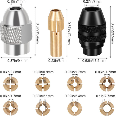 10Pcs Drill Chuck Collet Set for Dremel, 1/32 "to 1/8" Replacement Brass Quick Rotating Drill Nut Replacement 4485 4486 Keyless Drill Bit Chuck Ha...
