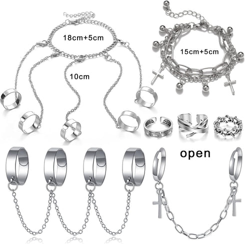 IFKM Vintage Silver Chain Finger Rings Bracelet, Gothic Punk Emo Cross Cool Simple Rings, Adjustable Statement Stackable Rings For Boy Wen Women...