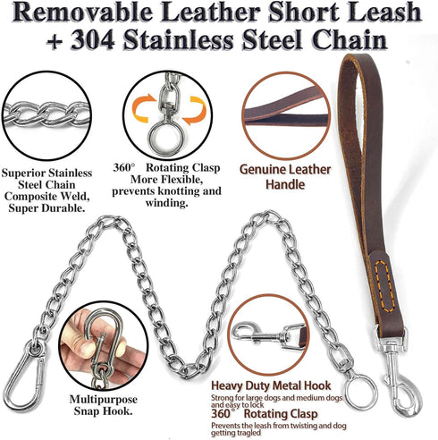Dog Chain Short Leash with Leather Handle, 304 Stainless Steel Dog Short Lead Metal Heavy Duty Chain DIY Double Dog Leashes,Extend&Coupler. (Leath...