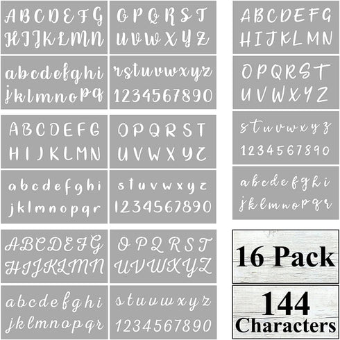 Alphabet Letter Stencils for Painting - 16 Pack Letter Number Stencil Templates for Wood, Cakes, Cookies and Crafts, Reusable Plastic Stencils for...
