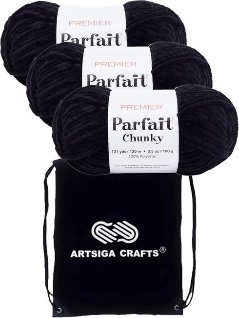Premier Yarns Parfait Chunky Black 1150-10 (3-Skeins - Same Dye Lot) Weight S Bulky #6 Polyester Yarn for Crocheting and Knitting - Bundle with 1 ...