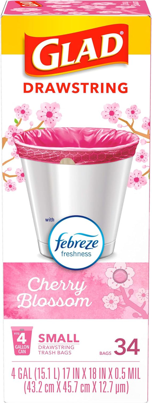 Glad Trash Bags, OdorShield Small Drawstring Garbage Bags, 4 Gallon Trash Bag, Febreze Cherry Blossom, 34 Count (Package May Vary)...