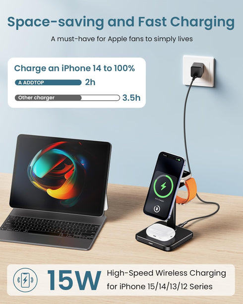 3 in 1 Wireless Charging Station for Apple Devices, Mag - Safe Charger, 15W Magnetic Charger Stand iPhone 15 14 13 12 Pro Max/Pro/Plus/Mini, 5W Ch...