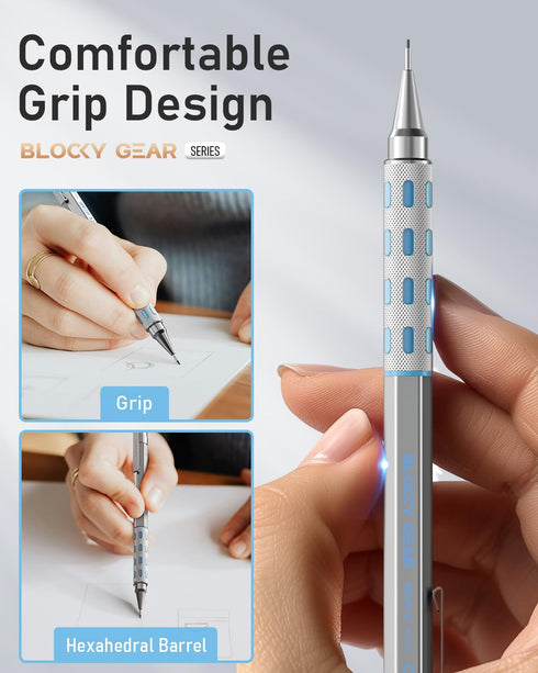 Nicpro 3 Pack Blocky Gear 0.7 mm Metal Mechanical Pencils Set with Case, Lead Drafting Pencil with 8 Tube (480PCS) Lead Refills(HB 2B), 4 Erasers,...