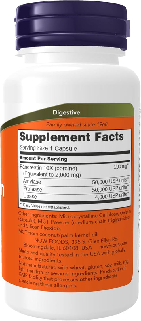 NOW Supplements, Pancreatin 10X 200 mg with naturally occurring Protease (Protein Digesting), Amylase (Carbohydrate Digesting), and Lipase (Fat Di...