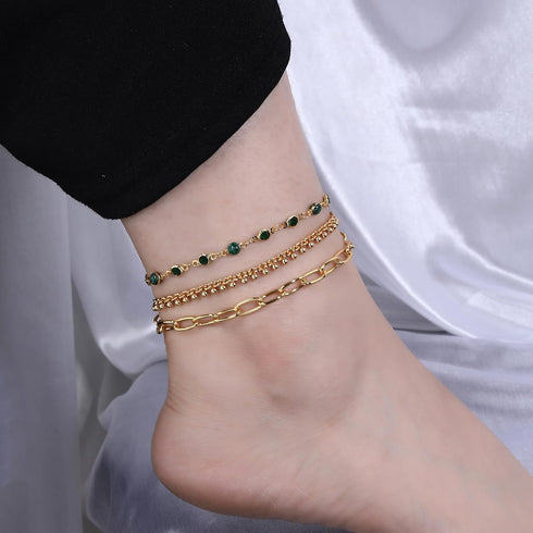 Gold Ankle Bracelets for Women, 14K Gold Anklets for Women Waterproof Figaro Paperclip Link Gold Anklet Set with Pink Stones Green Beads Adjustabl...