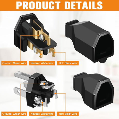 Treela 5 Sets Extension Cord Plug Replacement Extension Cord Ends 125V 15A 2 Pole 3 Wire Male Plug and Female Connector Straight Plug Replacement ...