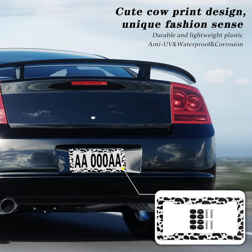 Tallew 7 Pieces Cow Print Car Accessories Set Include Steering Wheel Cover License Plate Frame with Screws Cup Holders Keyring Bracelet Handbrake ...