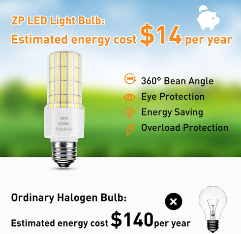 ZP A19 Led Light Bulb 300W Equivalent 40W Bulbs 5000 Lumen 5000K Cool Daylight White E26/E27 Base Waterproof Lighting for Outdoor Indoor Garage Wa...
