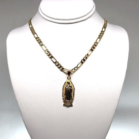 Gold Plated Virgin Mary Pendant Necklace Figaro 26" Virgen de Guadalupe Medalla Oro Laminado...