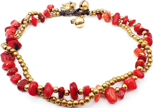 Handmade Red Carnelian Stone Elephant Charm Brass Beads Anklets Bracelet 10 Inches...