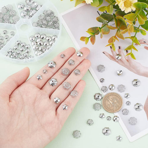 PH PandaHall 180pcs 304 Stainless Steel Bead Cap 6 Styles Muiti-Petal Round Filigree Flower Cup Shape Bead Spacer Beads for Earring Bracelet Neckl...