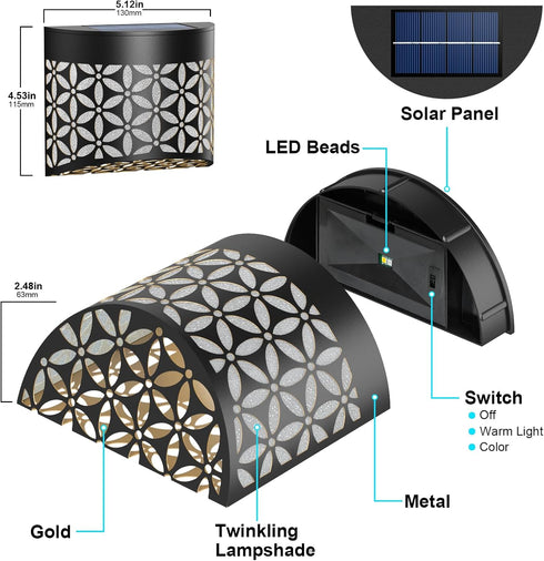 Solar Deck Lights, Iron Solar Fence Lights Outdoor Waterproof Garden Decorative Lighting for Wall, Post, Patio, Step, Stair, Yard- 2 Pack...