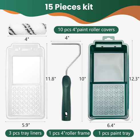 Paint Roller Kit, 15 Pcs 4 Inch Small Paint Roller, Paint Tray, Paint Tray Liners and Paint Roller Frame, Home Improvement Paint Supplies, Mini Pa...