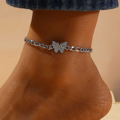 Boho Crystal Butterfly Anklet Bracelet Cz Paved Rhinestone Butterfly Ankle Bracelet Silver Cz Butterfly Dangle Ankle Foot Chain Beach Curb Chain F...
