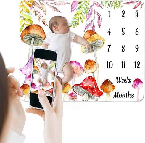 Mushroom Theme Baby Monthly Milestone Blanket, 48x40in Soft Flannel, Watercolor Backgrounds, Newborn Mom Gifts, Baby Shower Age Growth Tracker wit...