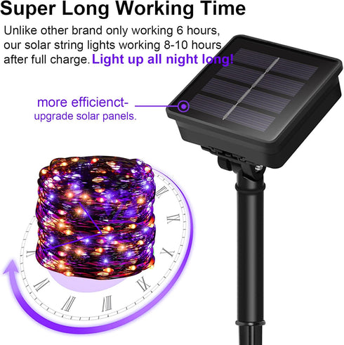 YAOZHOU Halloween Decor Outdoor Solar String Lights, Purple Orange IP67 Waterproof 2 Pack Total 200 LED 66FT 8 Modes Fairy Lights, Outside Fall De...