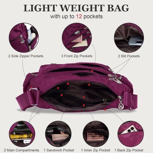 WITERY Nylon Crossboby Bags for Women - Waterproof Zipper Multi-Pocket Crossboby Purse Lightweight Shoulder Bag...