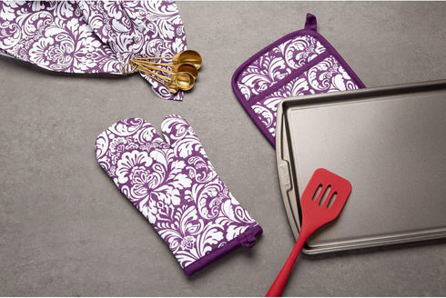 DII Quilted Kitchen Oven Mitt & Potholder Set, Hanging Loop for Convenient Storage, OM 6.5x12/PH 8x8.5, Eggplant Damask Print, 2 Piece...