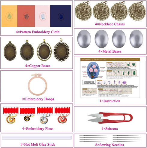 ZuoAnLF 4 Pieces Silk Embroidery Pendant Kit for Beginner,Embroidery Stitching Necklace,Embroidery Kit for Necklace & Earrings & Hand Sewing Jewel...