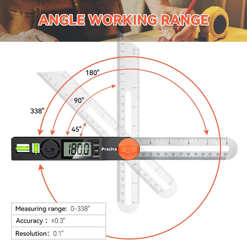 Preciva T-Bevel Gauge & Protractor with Horizontal and Vertical Bubble,0-338° Digital Angle Finder Protractor 230mm/8inch Display for Carpentry Wo...