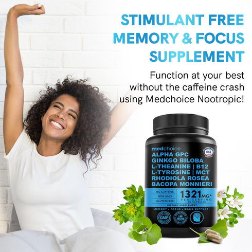11-in-1 Nootropic Brain Supplements: Memory & Focus Supplement with Ginkgo Biloba, L Theanine, Bioperine, & Alpha GPC Choline - 1321mg, 60ct - Sti...