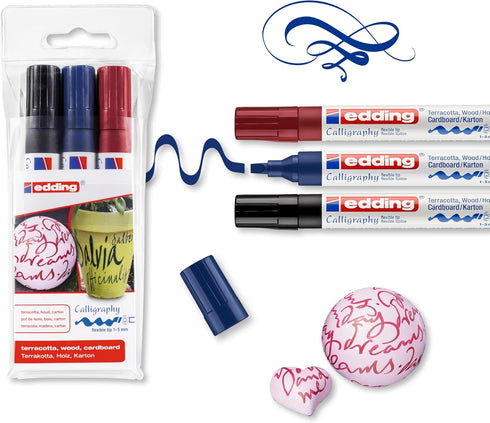 edding 1455 calligraphy marker - set of 3 markers - black, steel blue, crimson lake - flexible calligraphy nib 1-5 mm - fibre pen for paper, wood,...
