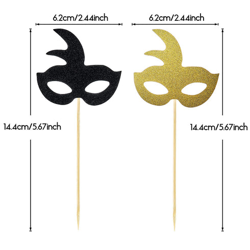 48 Pieces Masquerade Mask Cupcake Toppers Black Gold Glitter Bachelorette Party Mask Cupcake Mardi Gras Food Dessert Picks for Baby Shower Birthda...