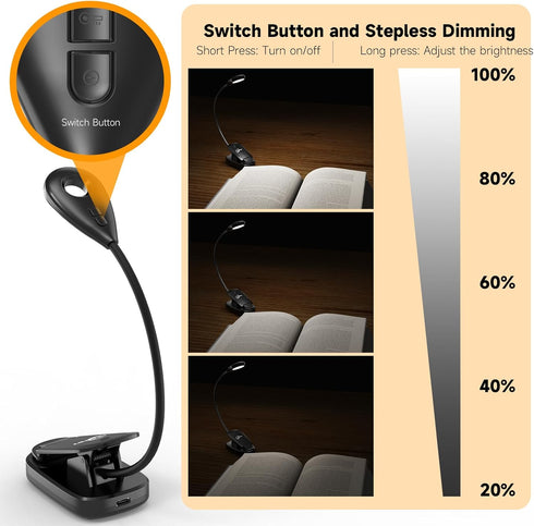 Book Lights for Reading in Bed, 12 LEDs Rechargeable Battery Clip Lamp with 3 Lighting Color, Stepless Dimming, Eye Protection, 80 Hours Runtime, ...