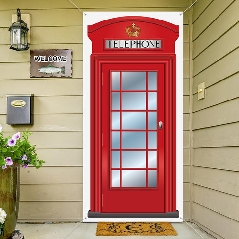 English Phone Booth Door Cover, Large Fabric Red Telephone Box Door Cover Home Jointed Phone Box Decor Banner for Photo Backdrop British Internati...