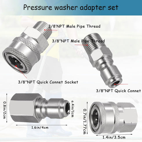 2 Sets NPT 3/8 Inch Pressure Washer Coupler Quick Connect Plug Stainless Steel Male and Female Quick Connect Fittings Pressure Washer Adapter Set ...